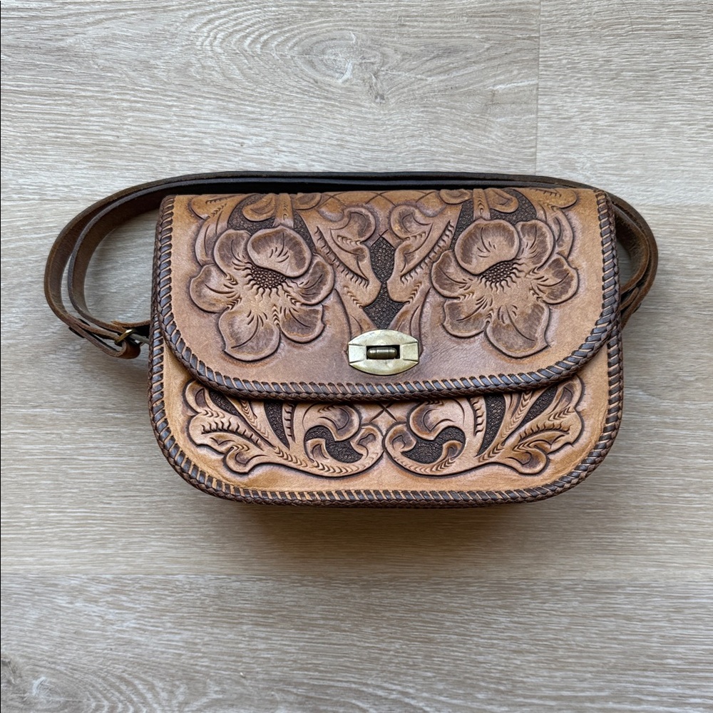 Elegant Brown Leather Floral Embossed Bag